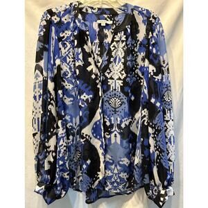 Chico's Blue Ikat Blouse Size 12 Billow Sleeves Sheer Chiffon Bohemian Career